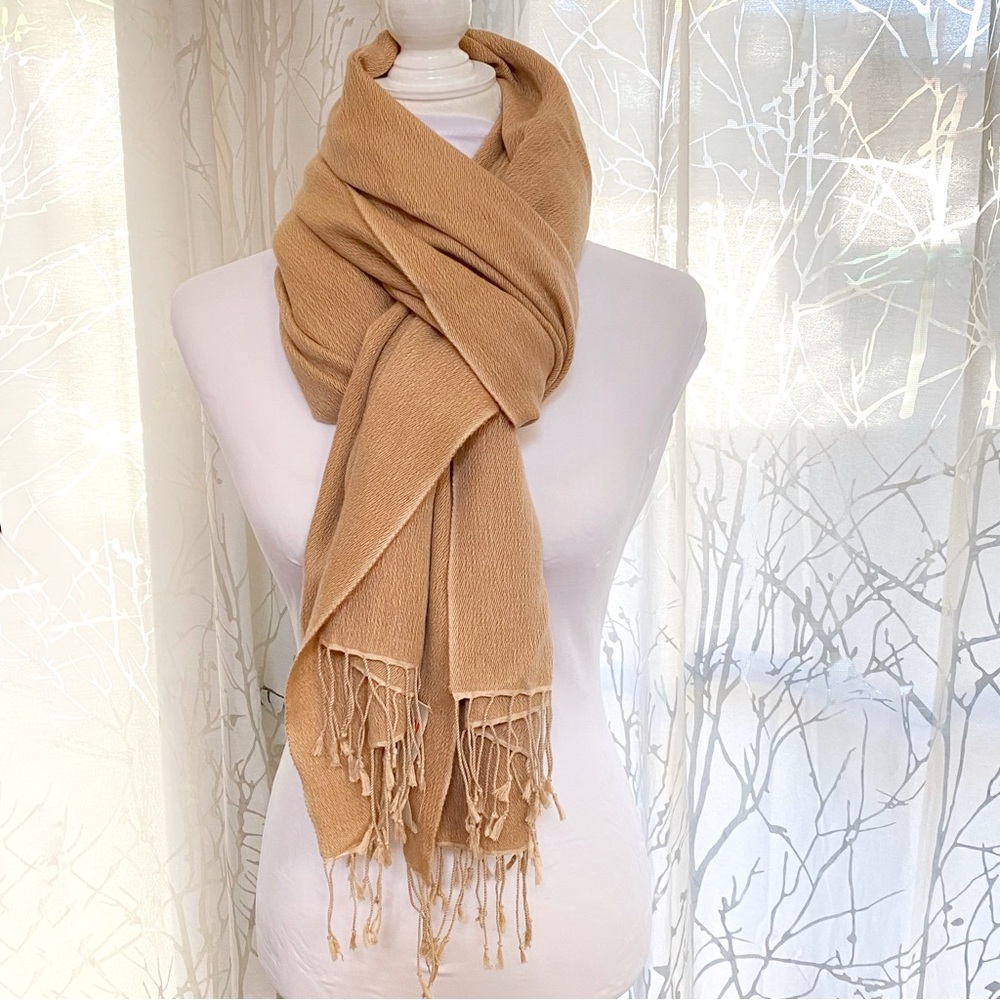 Peach Couture tan brown nude cashmere fringe pashmina long scarf - Picture 2 of 4